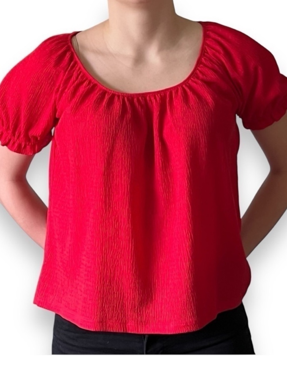 Madewell Bright Red Textured Puff-Sleeve Scoop-Neck Blouse
